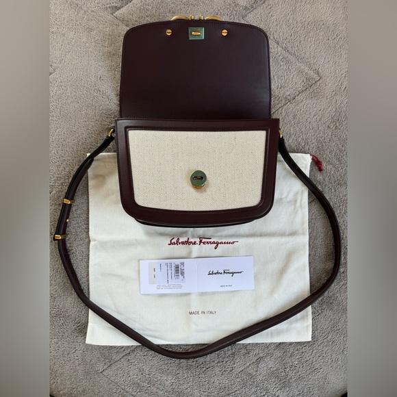 NEWš„FERRAGAMO Trapezio Canvas & Leather Crossbody Bagš„ - Picture 14 of 16
